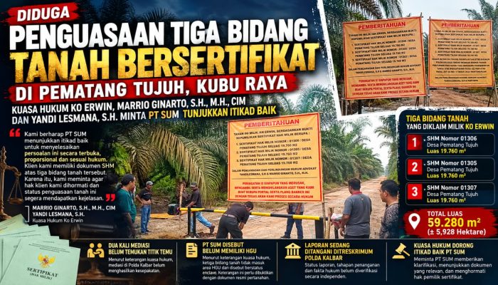 DIDUGA KUASAI TIGA BIDANG TANAH BERSERTIFIKAT DI PEMATANG TUJUH, KUASA HUKUM KO ERWIN DESAK PT SUM TUNJUKKAN ITIKAD BAIK